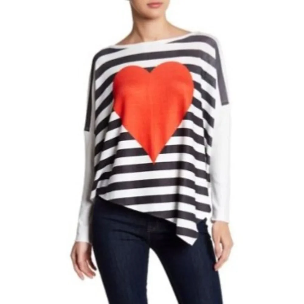 Oversized Heart Striped Asymmetrical Hem‎ Dolman Sweater Sweatshirt Size XL